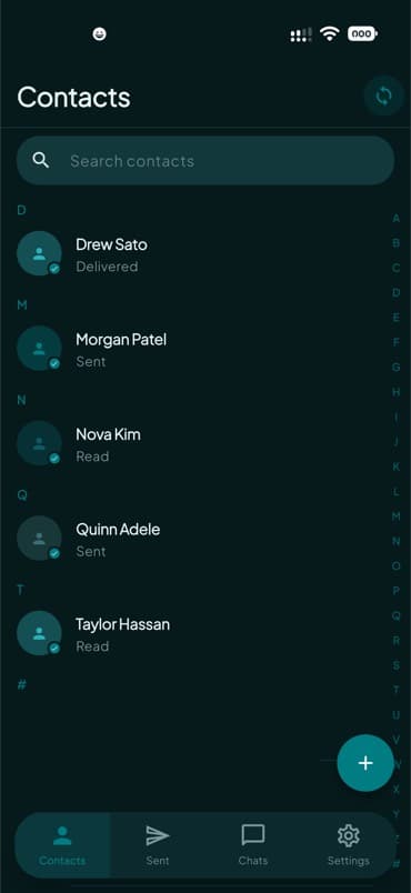 Contacts tab with people already on ignotu and delivery status